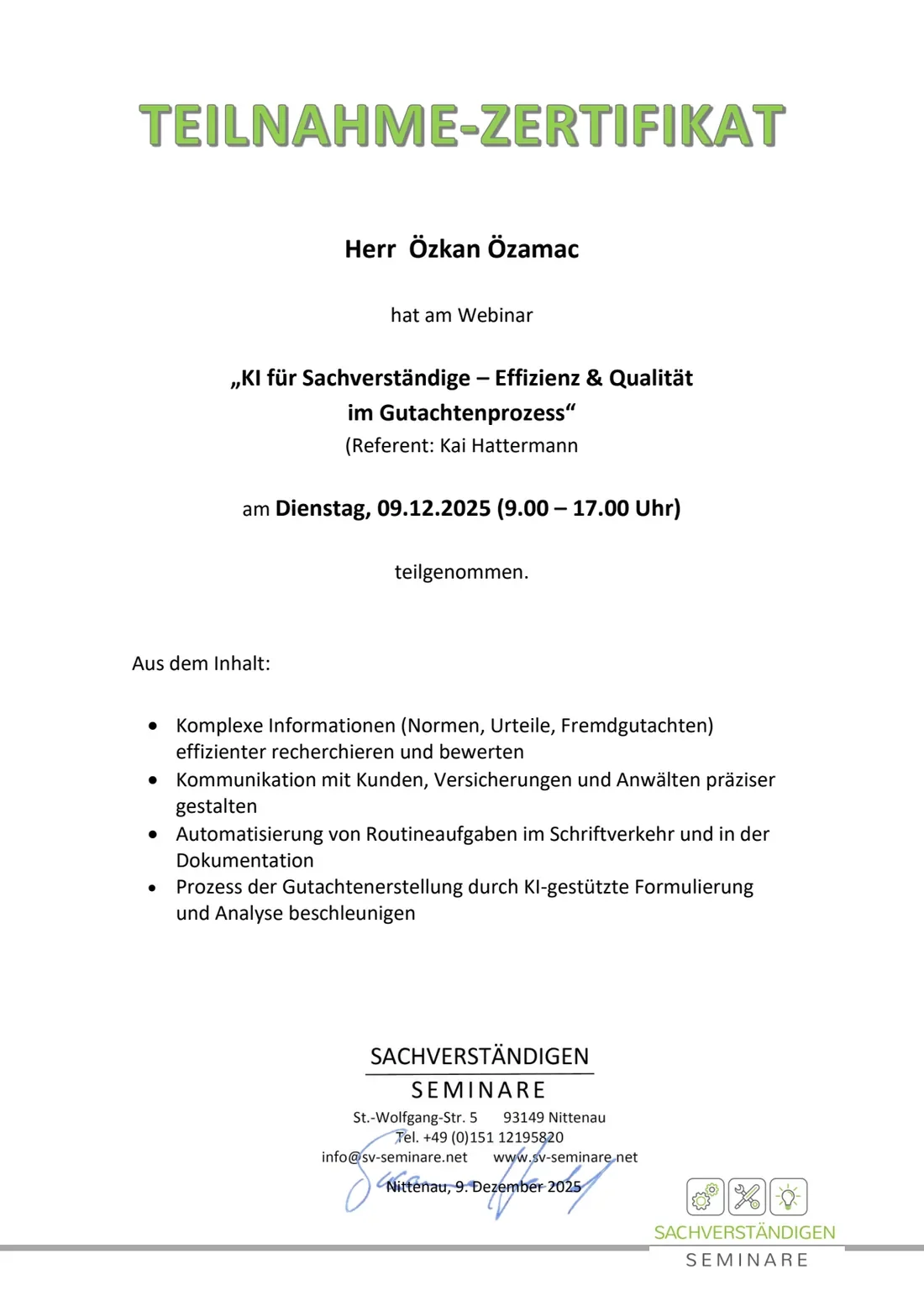 Teilnahmebescheinigung: KI für Sachverständige – Effizienz und Qualität im Gutachtenprozess