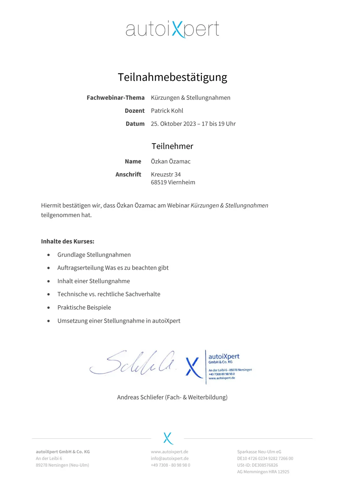 Teilnahmebestätigung: Fachwebinar Kürzungen & Stellungnahmen