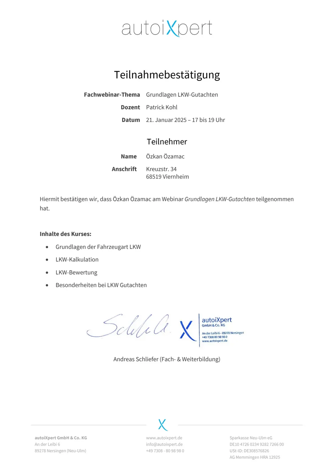 Teilnahmebestätigung: Fachwebinar Grundlagen LKW-Gutachten