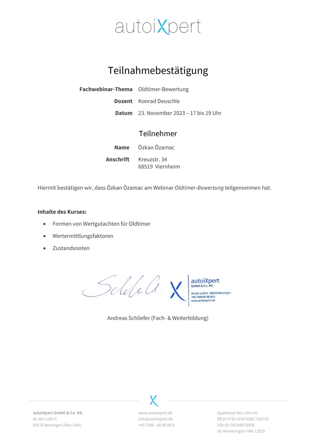 Teilnahmebestätigung: Fachwebinar Oldtimer-Bewertung