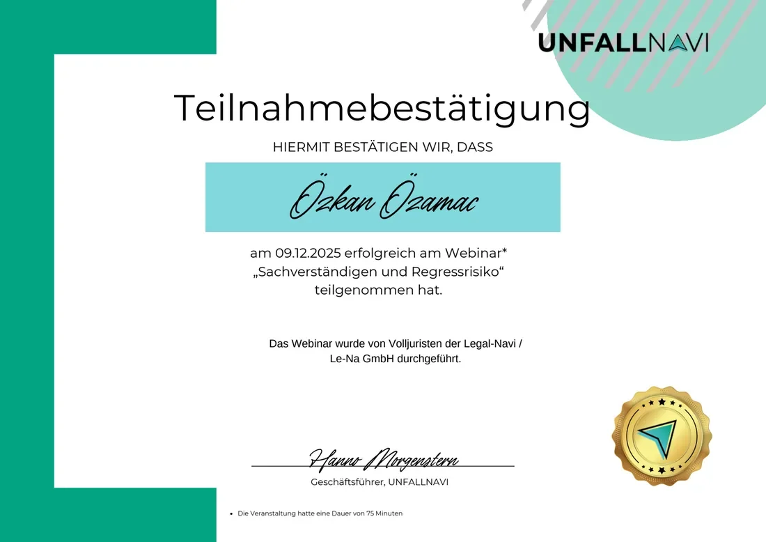 Teilnahmebestätigung: Webinar „Sachverständigen und Regressrisiko“