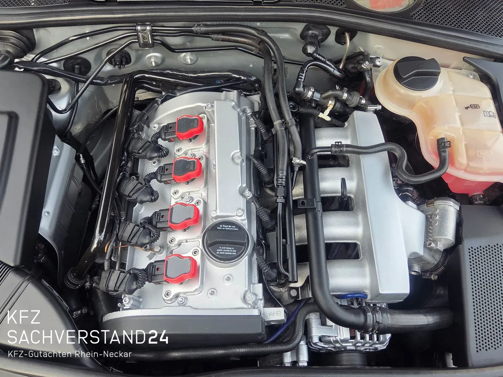 Motorraum eines Audi S4 bei einem technischen Gutachten