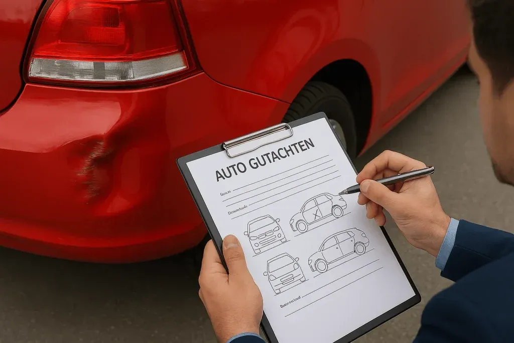 Schadenaufnahme an einem roten Auto mit Formular und Stift