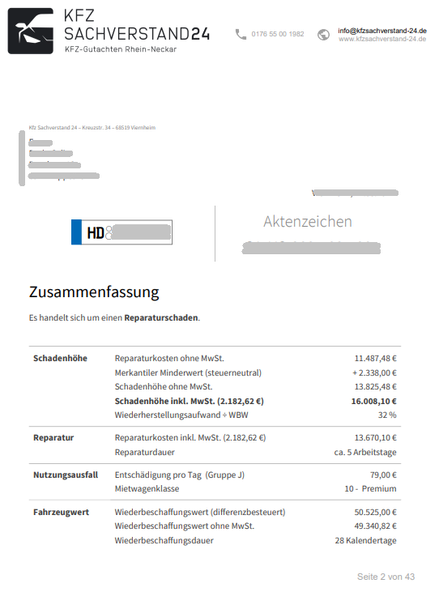 KFZ-Gutachten Zusammenfassung mit Reparaturkosten und Fahrzeugwerten, ausgeführt von KFZ Sachverstand24, Seite 2 von 43.