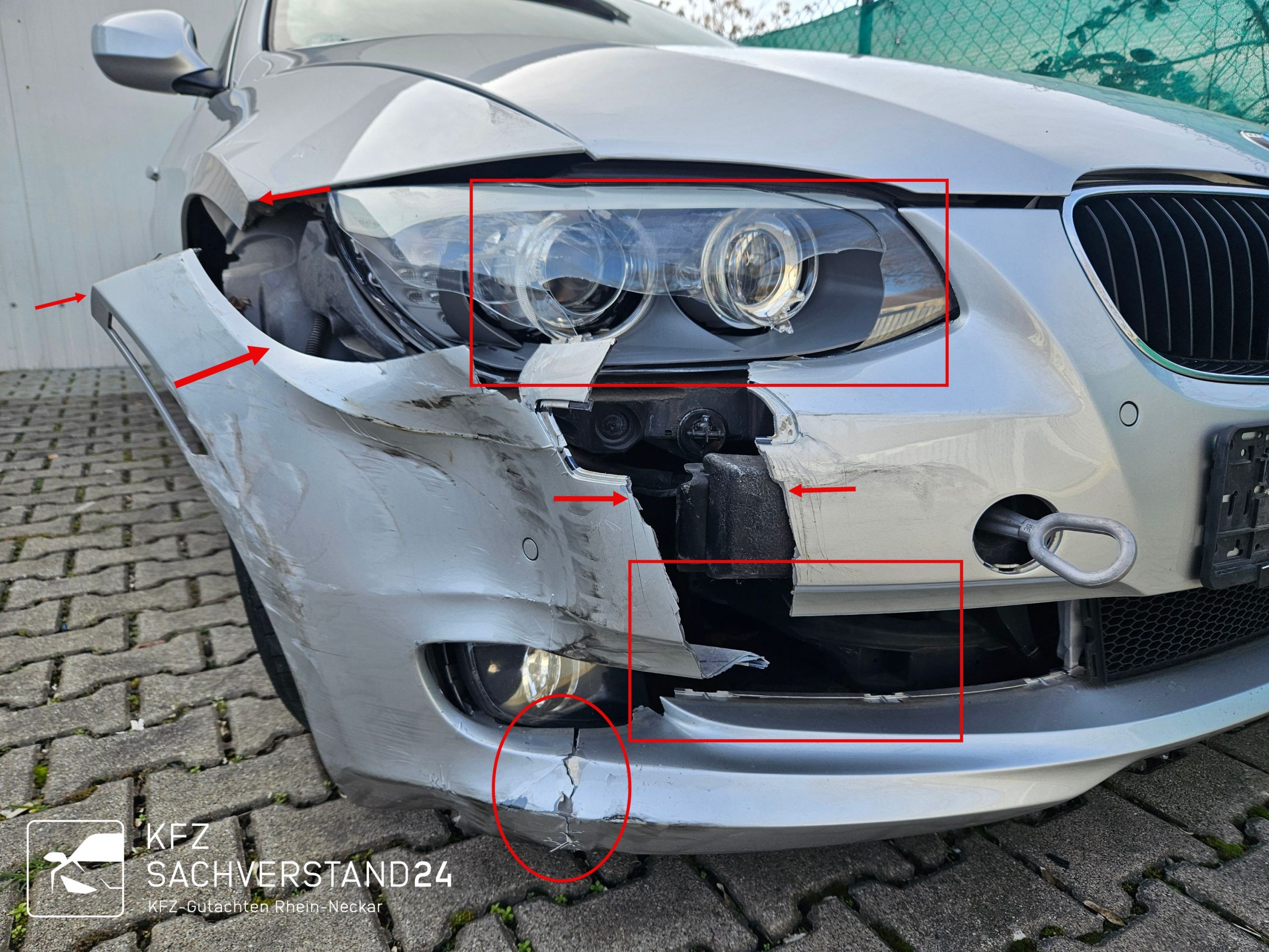 BMW 330ci wird nach einem Frontschaden von einem Kfz Gutachter von Kfz Sachverstand 24 auf verdeckte Schäden überprüft